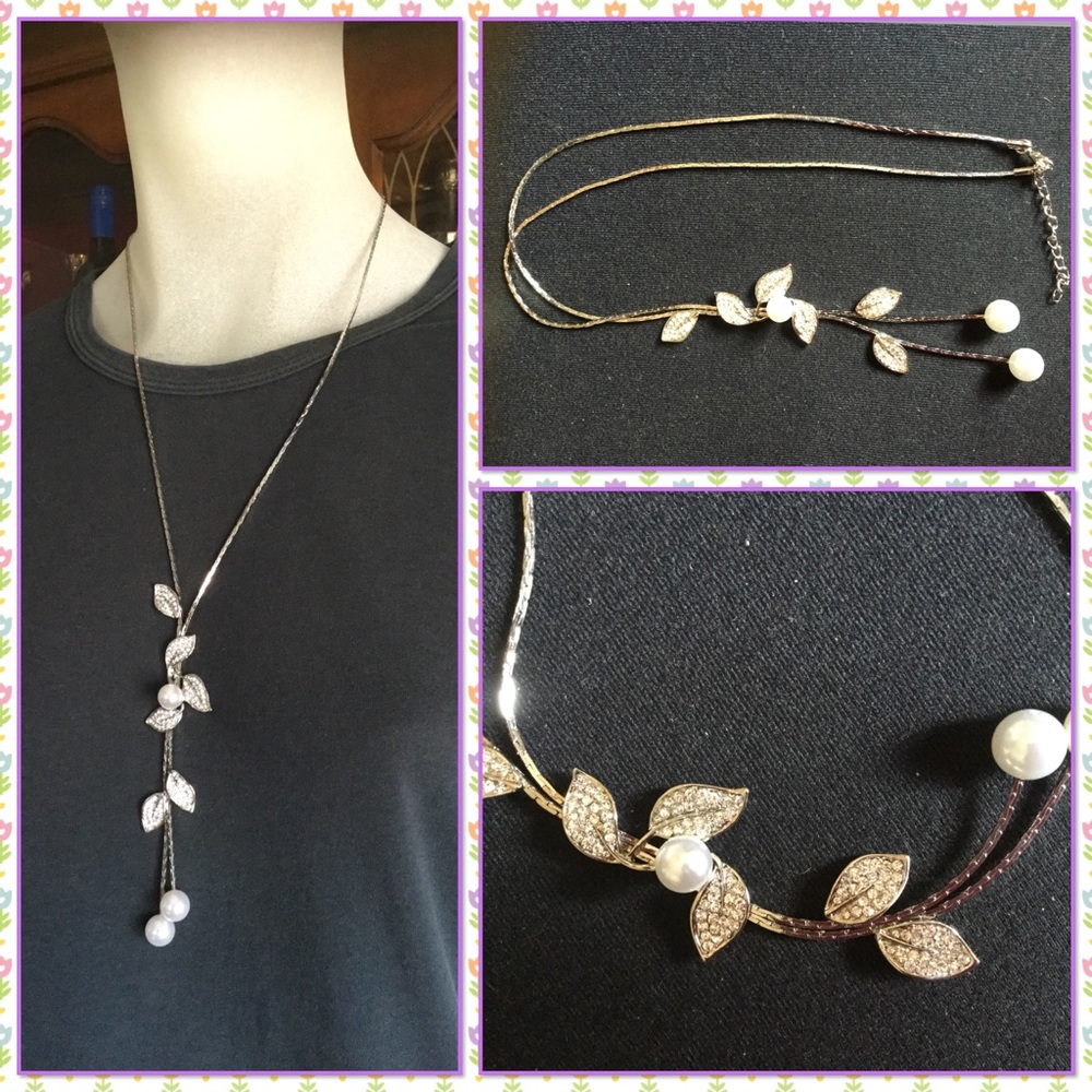 Elegant rhinestone leaves faux pearls necklace - Picture 2 of 2